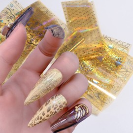 Gold Nail Foil Transfer Stickers Nail Art Supplies, Leopard Floral Animal Geometry Nail Foils Designs Floral Nail Art Decals for Acrylic Nails Supplies DIY Fingernail Charms Decorations (10 Sheets)