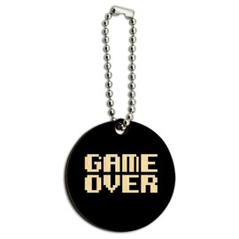 Game Over Gamer Pixel Font Geek Wood Wooden Round Keychain Key Chain Ring