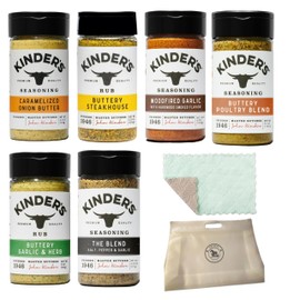 Kinders Seasoning Variety Pack - The Blend, Buttery Poultry Blend, Woodfired Garlic, Buttery Steakhouse,Caramelized Onion Butter, Buttery Garlic And Herb, Bundled With Food Pouch And Microfiber Wash Cloth By AMCIENT.