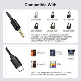 USB C to 3.5mm Audio Cable for Sony Wh-1000xm6 Wh-1000xm5 Wh-1000xm4 WH-1000XM3 WH-1000XM2 Wh-ch720n WH-CH710N Wh-ch520 WH-CH510 WH-XB910N WH-XB700 WH-CH700N MDR-1000X MDR-XB950BT MDR-100ABN Headphone