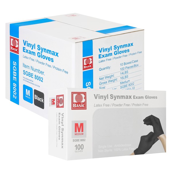 Basic Vinyl Exam Gloves, 4 mil Safty Glove Latex-Free & Powder-Free, SGBE 8002 Synmax Disposable Medical Glove Medium (Case of 1000, Black)