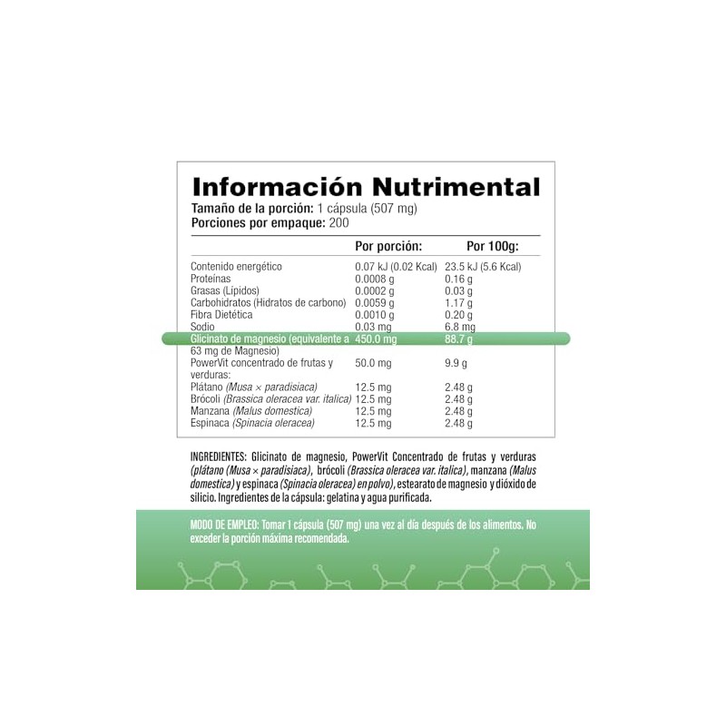 Glicinato De Magnesio 450 mg por cápsula | Uno al