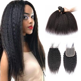 SINGLE BEST Kinky Straight Human Hair 3 Bundles with 4x4 closure Yaki Straight Human Hair Weave Bundles 100% Unprocessed Brazilian Kinky Straight Human Hair Bundles Natural Black 888+8 Inch