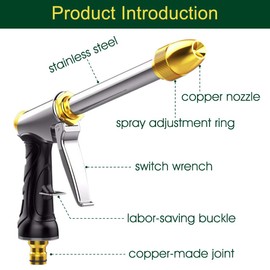 Upgrade Water Hose Nozzle Long Rod Garden Hose Nozzle Heavy Duty metal Brass sprayer 360° Rotaing spray gun for car wash, Plants and Lawn,Patio Gardening, Pets Shower Hose Nozzle + Quick Connector