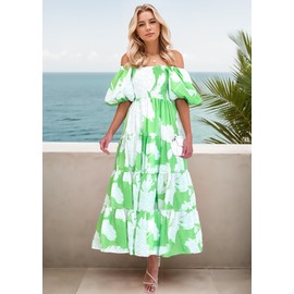 GOLDSTITCH Women Smocked Dress Square Neck Ruffle Hem Puffy Short Sleeve Flowy Midi Dress