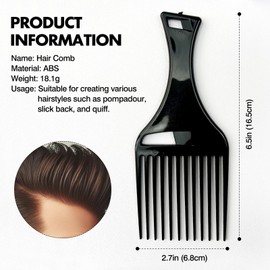 Zoolinn Black Plastic Afro Pick Lift Comb - Set of 3, for Detangling, Wig & Braid Styling, Hair Comb for Men & Women