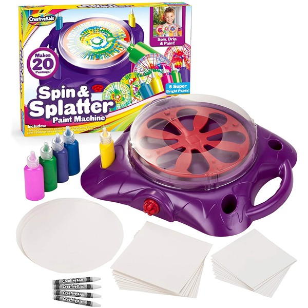 Creative Kids Spin & Paint Art Kit - Spinning Art Machine + Flexible Splatter Guard + 5 Bottles of Paint + 8 Large, 8 Small, 4 Round Cards + 4 White Crayons | Preschool Toddlers, Children & Adults, 6+