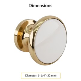 BRIXWELL BXB6255WH3-XCP10 Dual Tone Round Kitchen Cabinet Knob 1-1/4" Dia White/Bright Brass - Pack of 10