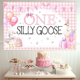 Jollyboom Goose 1st Birthday Party Decoration Girl, One Silly Goose Backdrop Banner 5×3ft Pink Duck Animal Background Prop for Goose Farm Barnyard Animal 1st First 1 Year Old Birthday Party Decoration
