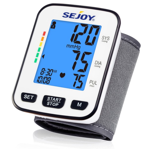 Sejoy Blood Pressure Monitor Wrist BP Machine Cuff Automatic Digital Blood-Pressure Meter Large Backlit Display, Voice Digital Meter, Battery Included