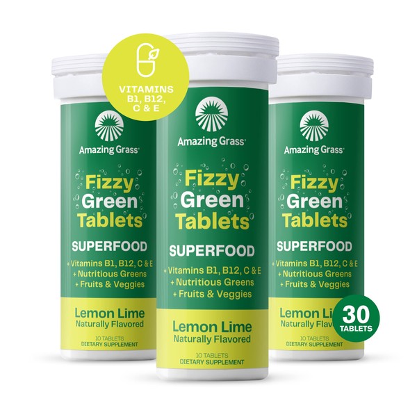 Amazing Grass Fizzy Green Tablets Superfood: Green Superfood Water Flavoring Tablet with Antioxidants & Alkalizing Greens, Lemon Lime, 10 Count (Pack of 3)