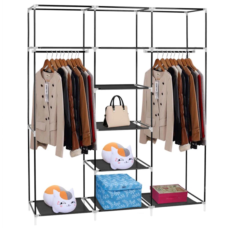Portable Double Rod Storage Organizer 69\" Non-Woven Fabric Closet Wardrobe