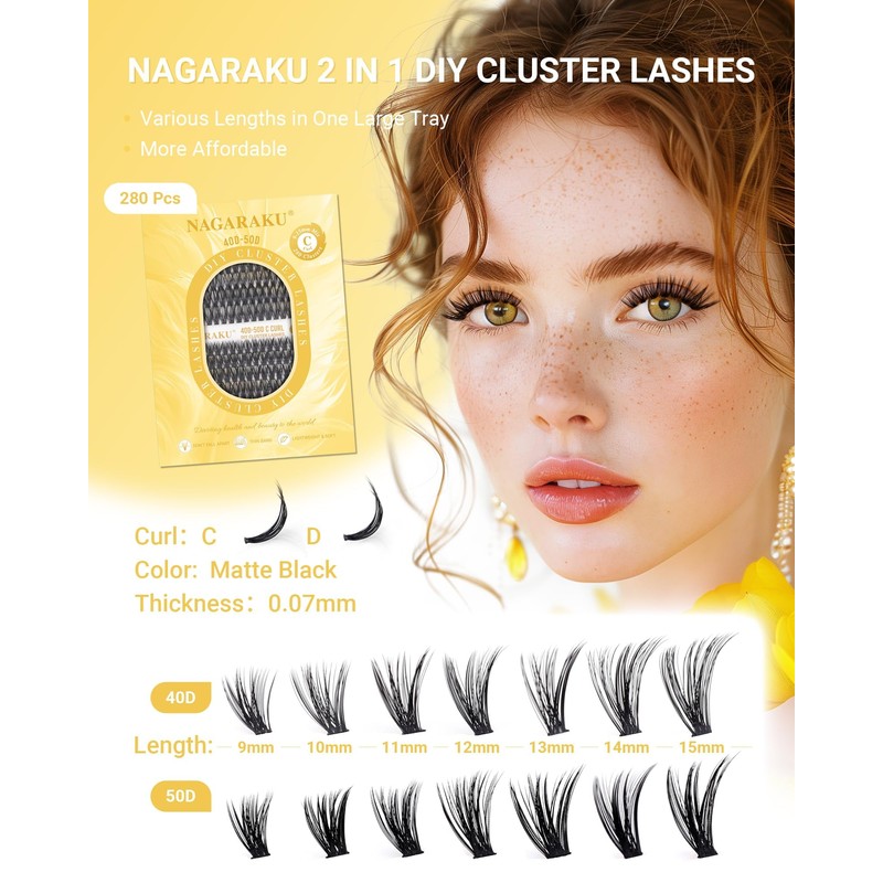 NAGARAKU Individual Eyelash Clusters, 40D, 50D, Mega Volume DIY Set,