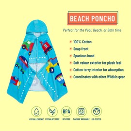 Wildkin Kids Poncho Hooded Beach Bath Towel for Boys and Girls, Perfect for Beach and Pool Time Towel for Kids, BPA-Free (Trains, Planes, and Trucks)