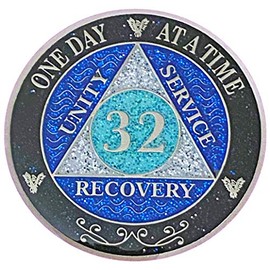 (Years 1-50) 32 Year AA Recovery Silver Color Plated Glitter Medallion, Black Rainbow, Blue, Silver Glitter Coin, Epoxy Covered (AA 32 Year Glitter Medallion)