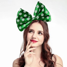 Bubbmi Huge Hair Bow Headband, Large Oversized Sequin Bow with Dot, St. Patrick's Party Festival Costume Hairband Headpiece for Women Girls