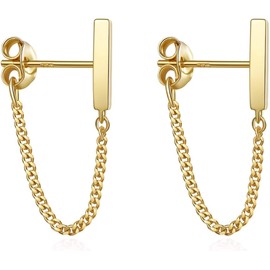 S.Leaf Cubic Zirconia Stud Earrings with Chain Sterling Silver Chain Earrings for Women Cubic Zirconia Bar Ball Pearl Butterfly Dangle Earrings for Women (03_Bar_Gold)