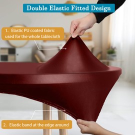 Rinpon Double Fitted Design PU Round Fitted Tablecloth, Anti-Tear Wipeable Elastic Round Tablecloth, Soft-Touch Fitted Tablecloth, Waterproof Oil-Proof Tablecloth (Burgundy, 57 - 60 inches)