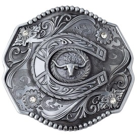 Longhorn Bull Belt Buckle for Men, Rodeo Bull Filigree Belt Buckle, Flower Taurus Belt Buckle, Horseshoe Bull Head Belt Buckle, Western Cowboy Belt Buckle, Punk Rock Belt Buckle, silver
