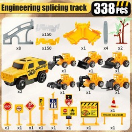 215 Pcs Dinosaur Track Race Car Toy For Kids with Stickers Vehicle Playsets Dinosaur World Road Toys for boys 3-6 Years Educational Learning:_338Pcs Construction Track