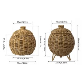 AIMALL Hand-Woven Imitation Rattan Oval Basket with Lid, Pumpkin Design, Desktop Storage for Green Plants, Flowers, or Sundries – 8.66x8.27/8.66x10.63 Inch