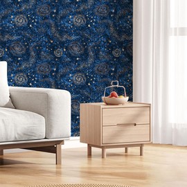 PODUFF Space and Galaxy Wallpaper Peel and Stick, Galaxy/Golden Stars Wallpaper for Home Decor, Blue Background, 17.7in x 236in