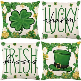 IETANG St. Patrick's Day Throw Pillow Cover, 18 x 18 inches, Set of 4, Shamrock Clover Hat Lucky Charm Designs for Home Sofa Couch (Green)