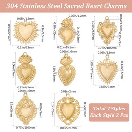 Beebeecraft 14 Pieces 7 Styles Scared Heart Pendants Antique 304 Stainless Steel Mexican Love Heart Pendant Gothic for Jewellery Making DIY Crafts