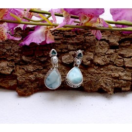 Tropfenförmige Ohrstecker aus Larimar, blauem Topas und Perlen aus 925er Sterlingsilber, Schmuck aus Ozean-Edelsteinen