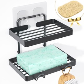 Roseyat Adhesive Bar Soap Holder for Shower Wall with Soap Saver, Soap Dish for Shower Wall, Stainless Steel Soap Dish for Bar Soap with Hooks, 2 Tier Soap Tray for Bathroom, Kitchen, Matt Black