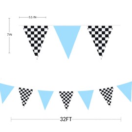 32Ft Blue Black White Checkered Race Car Fabric Bunting Banner Racing Car Party Decorations Triangle Flag Pennant Garland Streamers for Kids Boy Birthday Baby Shower NASCAR Theme Party Outdoor Decor