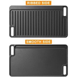 DcYourHome Cast Iron Reversible Griddle Pan for Gas Grill, Flat Griddle for Gas Stove, Versatile Stovetop Griddle, Pre-Seasoned Stove Grill Top for Indoor/Outdoor, 16.75" X 9.5" Oven Top Griddle