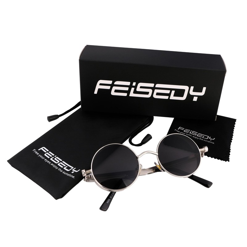 FEISEDY Vintage Round Lens Metal Frame Gothic Steampunk Sunglasses for