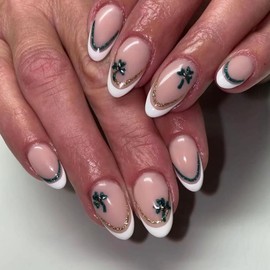 24Pcs Short Almond Press on Nails St. Patrick's Day Green Gold Curved Clover Line Design French Tip Gel Press On Nails Kit with Nail Glue, Reusable Fake Nails in Stick on Nails for Women