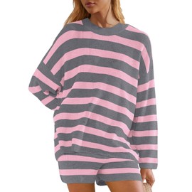 Panadila Womens Oversized Lounge Sets Striped Sweater Shorts Set Matching Pajama Set 2 Piece Outfits (Grey Pink Combo,XS)