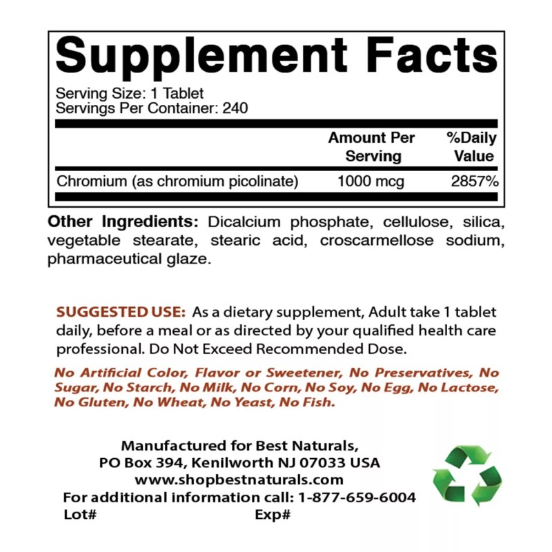 Best Naturals 2 Pack Best Naturals Chromium Picolinate 1000mcg 240