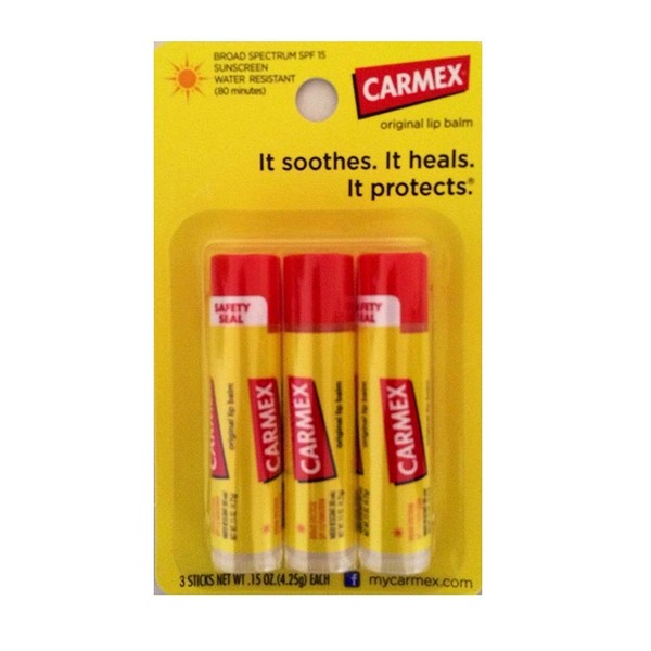 Carmex Classic Medicated Lip Balm, SPF 15, 3 ct (Stick in Blister Pack)
