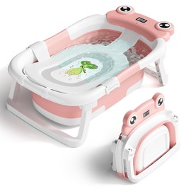 BUNWAG Baby Bathtub, Collapsible Newborn Bathtub for Infant to Toddler 0-24 Months with Soft Cushion and Thermometer,Portable Travel Newborn Tub with No-Slip Feet, Baby Shower Gifts,Pink