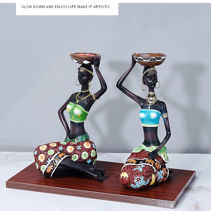 2PCS Vintage African Women Statue Candle Holders Resin Figurines Fits