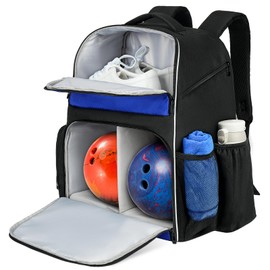 Jaffzora 2 Ball Bowling Backpack, Bowling Ball Bag Totes for Dual Balls with Shoes Compartment, Fits Shoe Up to Men Size 16, Black&Blue