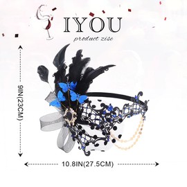 IYOU Women Masquerade Mask Feather Mask Blue Mardi Gras Masks Venetian Prom Costume Ball Metal Eye Mask for Women