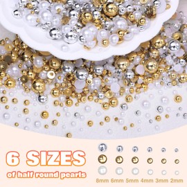 3 Boxes Gold Silver Half Round Pearls for Crafting, White Flatback Nail Pearls Charms Beads, Mix Size 2-8 mm Pearls for Nails Art Supplies DIY Face Makeup with Pickup Pencil Tweezer