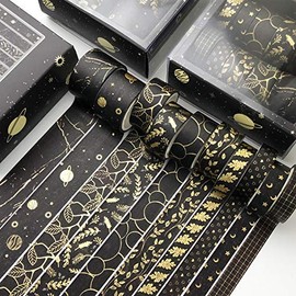 Juego de 10 rollos de cinta Washi con patrón de cuadros decorativos, para Bullet Journal, bricolaje, envolver regalos, manualidades, (serie Black Gold Foil).
