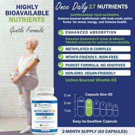 Power By Naturals Methyl Multi One - Iron-Free Methylated Multivitamin with Quatrefolic 5-MTHF, Active B12, P5P, CoQ10 & Zinc for MTHFR Support - Energy & Focus Formula - 60 Capsules (2-Month Supply)