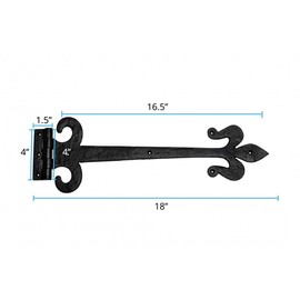 Renovators Supply Manufacturing Strap Hinge 18 in. Black Wrought Iron Fleur De Lis Style Flush Mount Heavy Duty Strap Gate and Door Hinges with Hardware Pack of 2