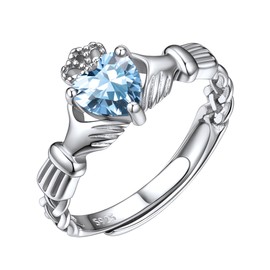 ChicSilver Claddagh Rings for Women 925 Sterling Silver Simulated Aquamarine Heart Promise Ring Irish Jewelry for Women March Birthstone Engagement Band Rings for Women