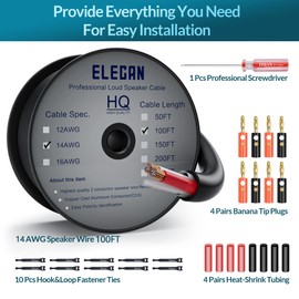 Elecan Pro Series 14/2 Outdoor Speaker Wire Cable 100 Ft 14 Gauge AWG with Tool Kits-Direct Burial in Wall CL3 CL2 Rated-PVC Jacket&Film&Cotton for Home Theater,Car Audio Speaker,Stereos-Black