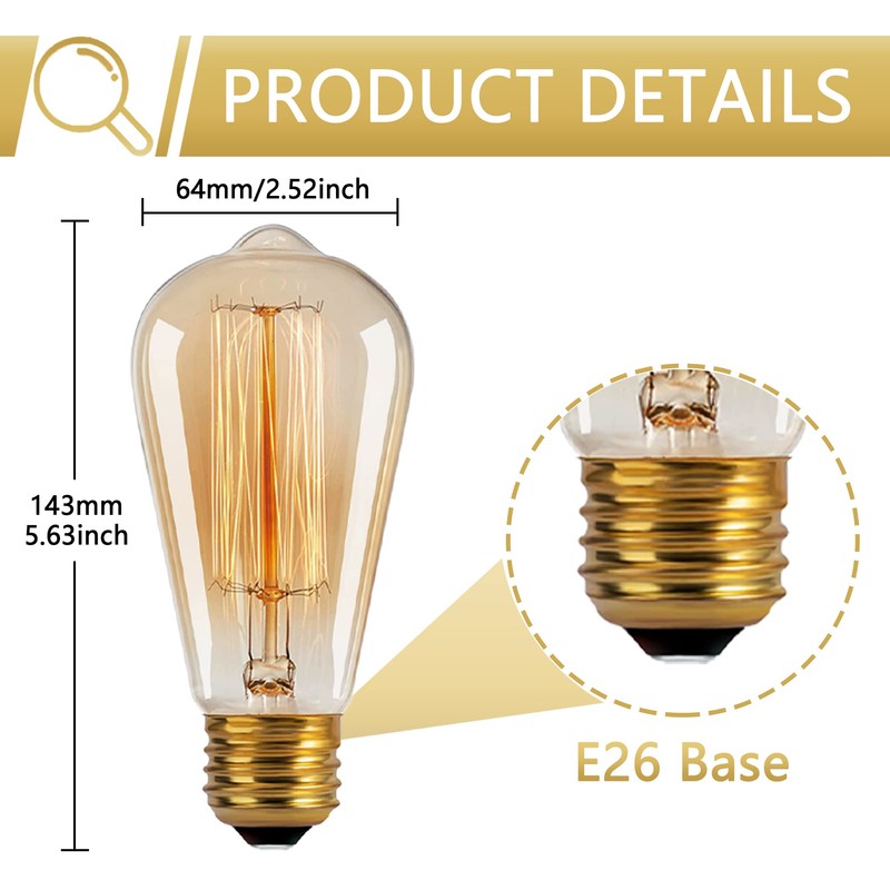 Kellarosses ST64 Incandescent Edison Bulbs 60W 6-Pack, 2200K Warm Amber