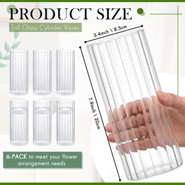 Ninehaoou 6 Pcs 8 Inch Tall Glass Ribbed Cylinder Vases Clear Floating Candle Flower Vase in Bulk, Hurricane Candle Holder for Wedding Housewarming Gift Table Centerpieces