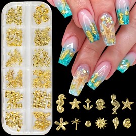 Gold Nail Charms Summer Ocean 3D Metallic Sun Flower Seahorse Jellyfish Starfish Nail Rhinestones Alloy Shell Coconut Tree Nail Jewelry Mixed Style Metallic Nail Rivets Nails Supplies for Women